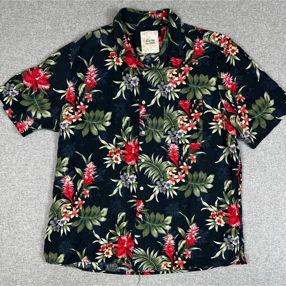 Tasso Elba Island Silk Linen Shirt Mens XL BlackTropical Floral Button Up Resort